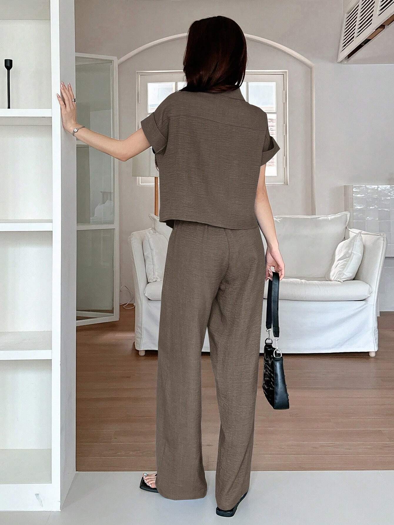 DAZY 2pcs Women Solid Color Blouse And Fashionable Wide Leg Pants Set