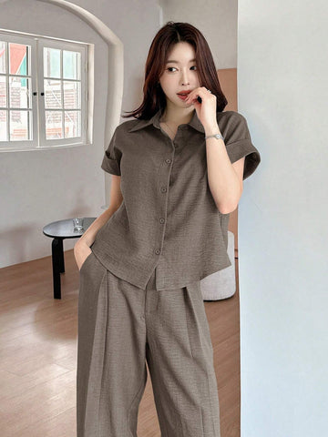 DAZY 2pcs Women Solid Color Blouse And Fashionable Wide Leg Pants Set