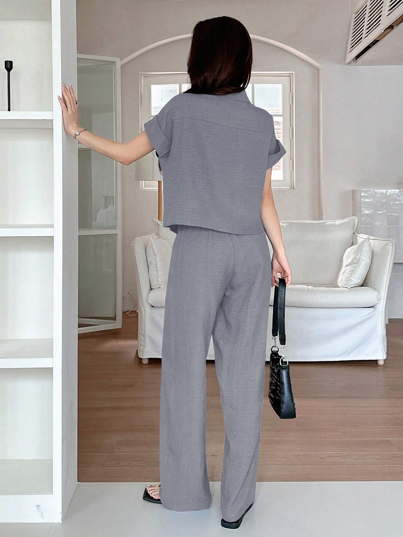 DAZY 2pcs Women Solid Color Blouse And Fashionable Wide Leg Pants Set