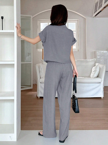 DAZY 2pcs Women Solid Color Blouse And Fashionable Wide Leg Pants Set