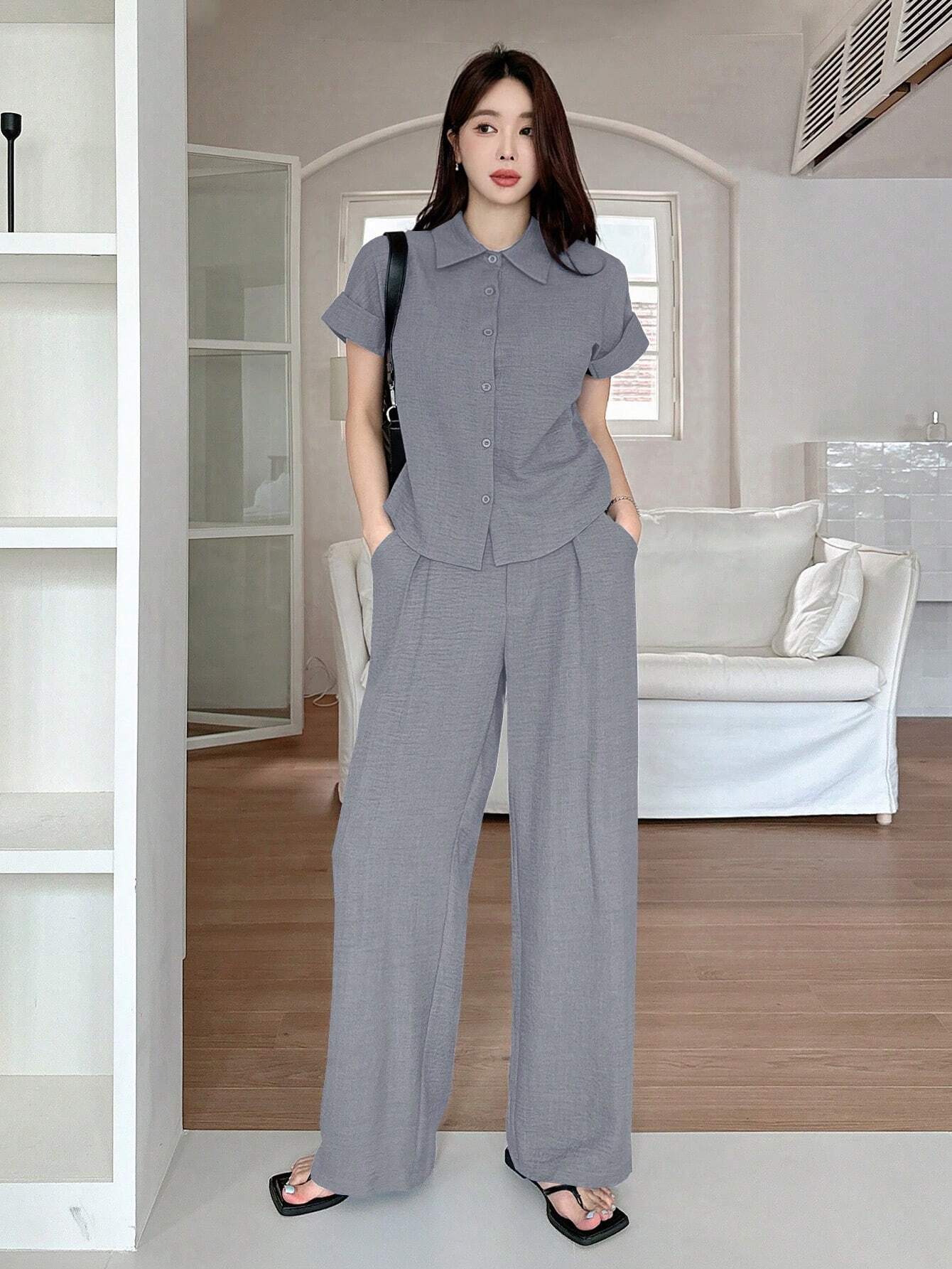 DAZY 2pcs Women Solid Color Blouse And Fashionable Wide Leg Pants Set
