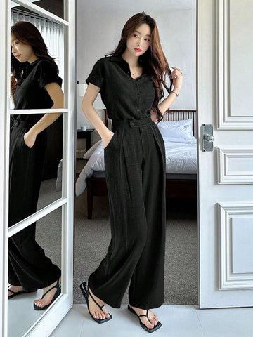DAZY 2pcs Women Solid Color Blouse And Fashionable Wide Leg Pants Set
