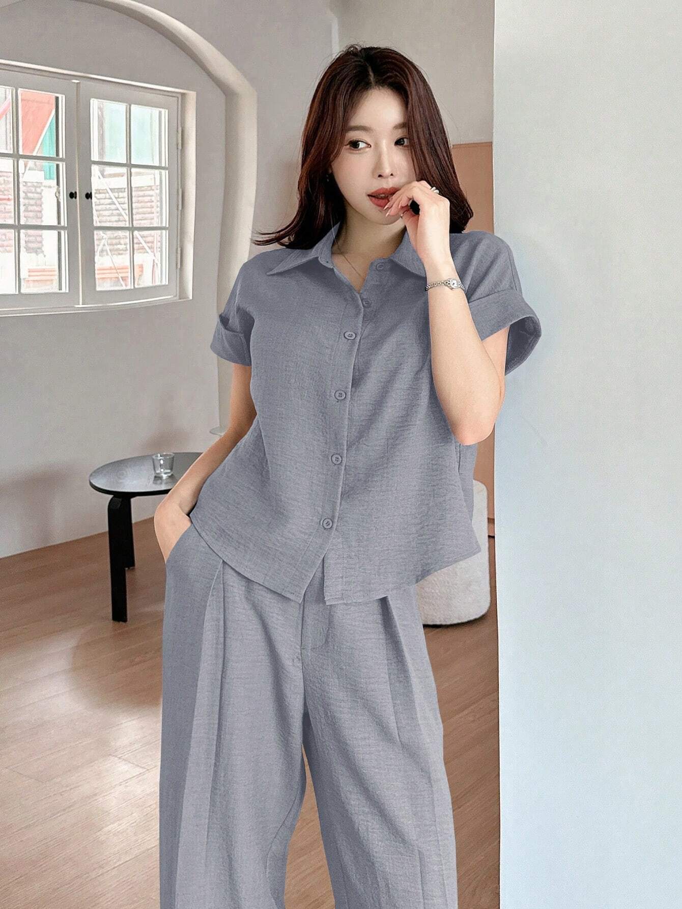 DAZY 2pcs Women Solid Color Blouse And Fashionable Wide Leg Pants Set