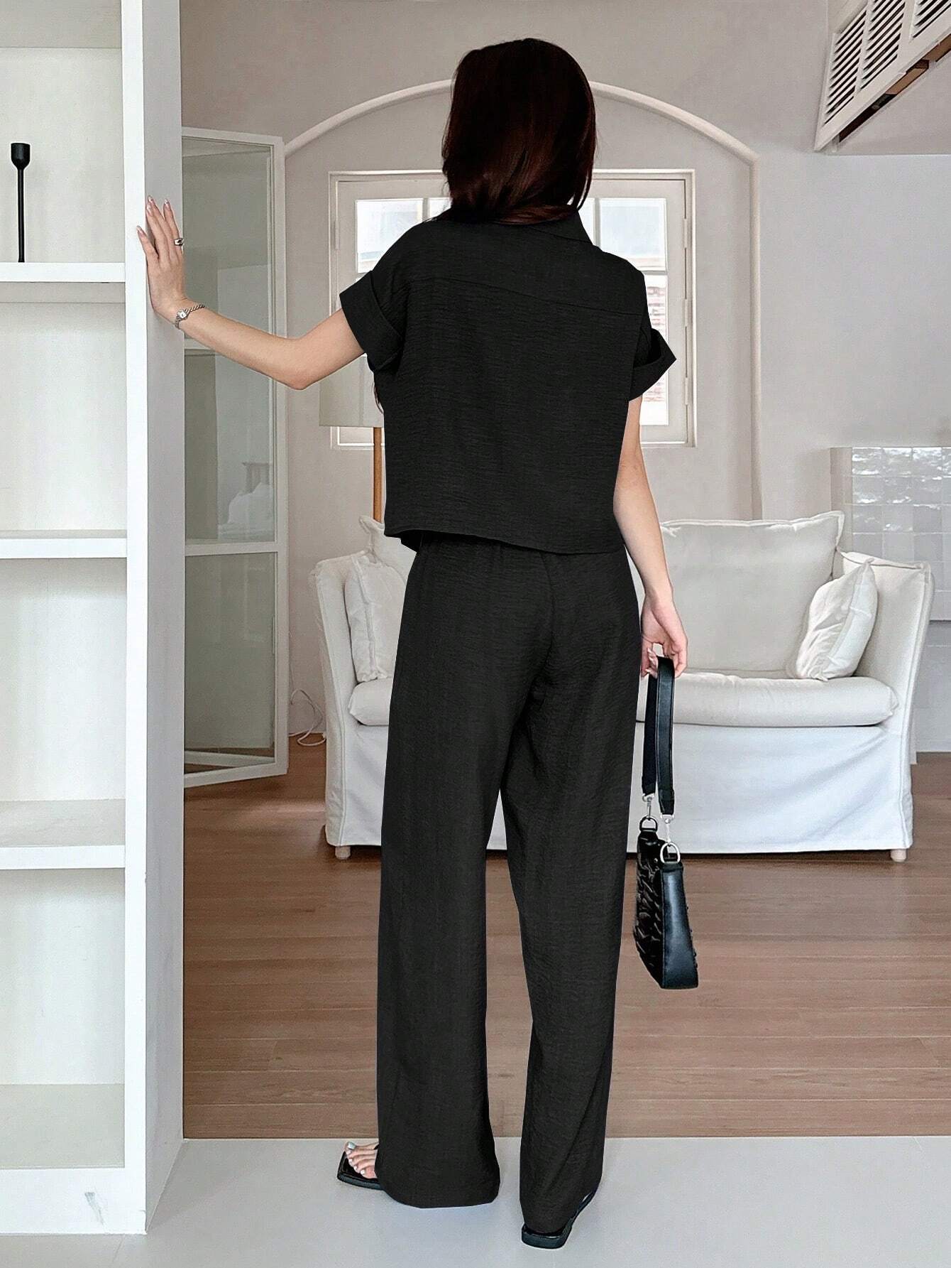 DAZY 2pcs Women Solid Color Blouse And Fashionable Wide Leg Pants Set
