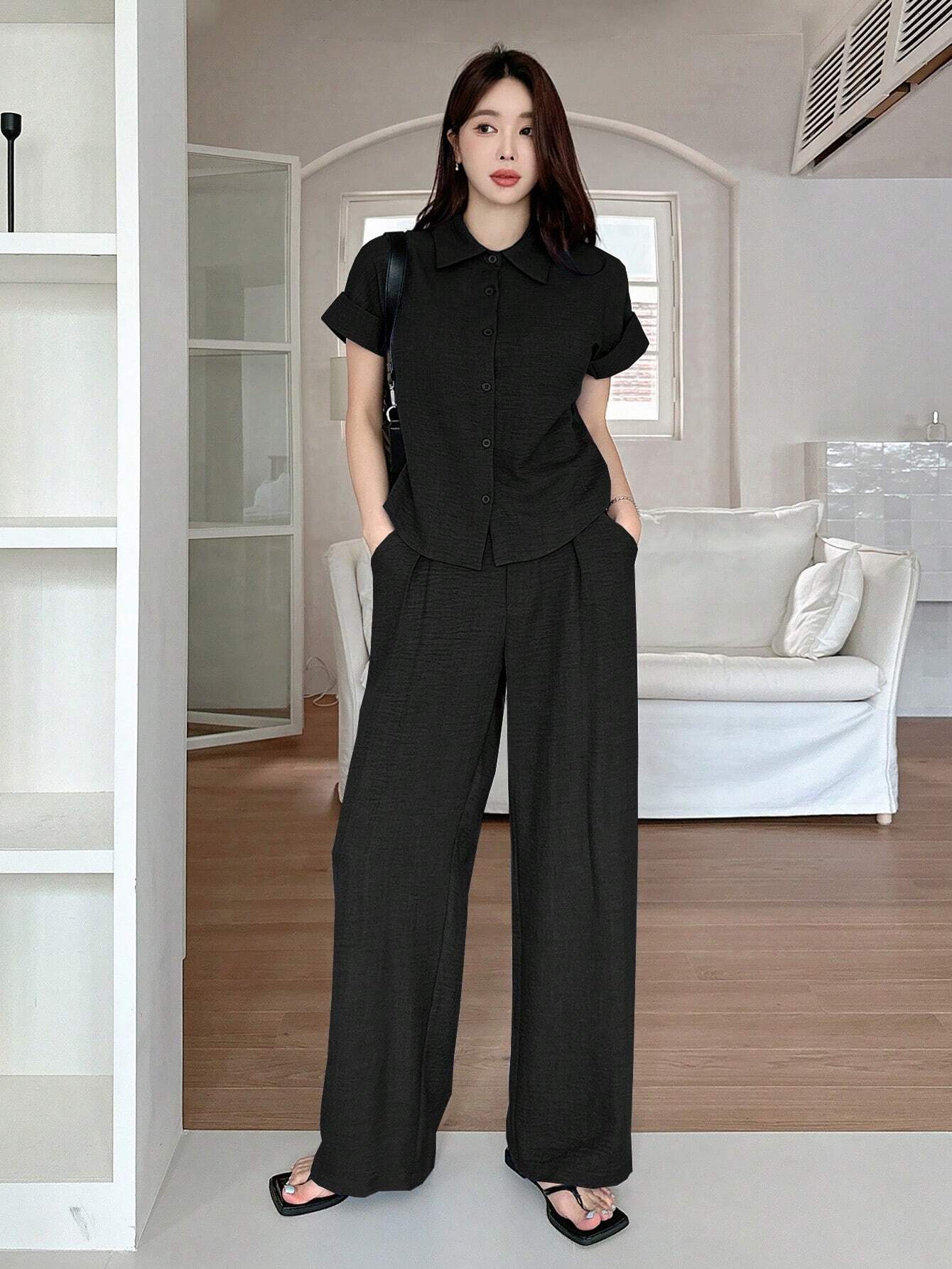 DAZY 2pcs Women Solid Color Blouse And Fashionable Wide Leg Pants Set