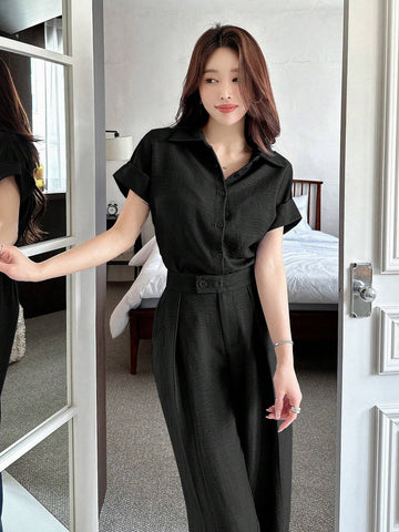 DAZY 2pcs Women Solid Color Blouse And Fashionable Wide Leg Pants Set