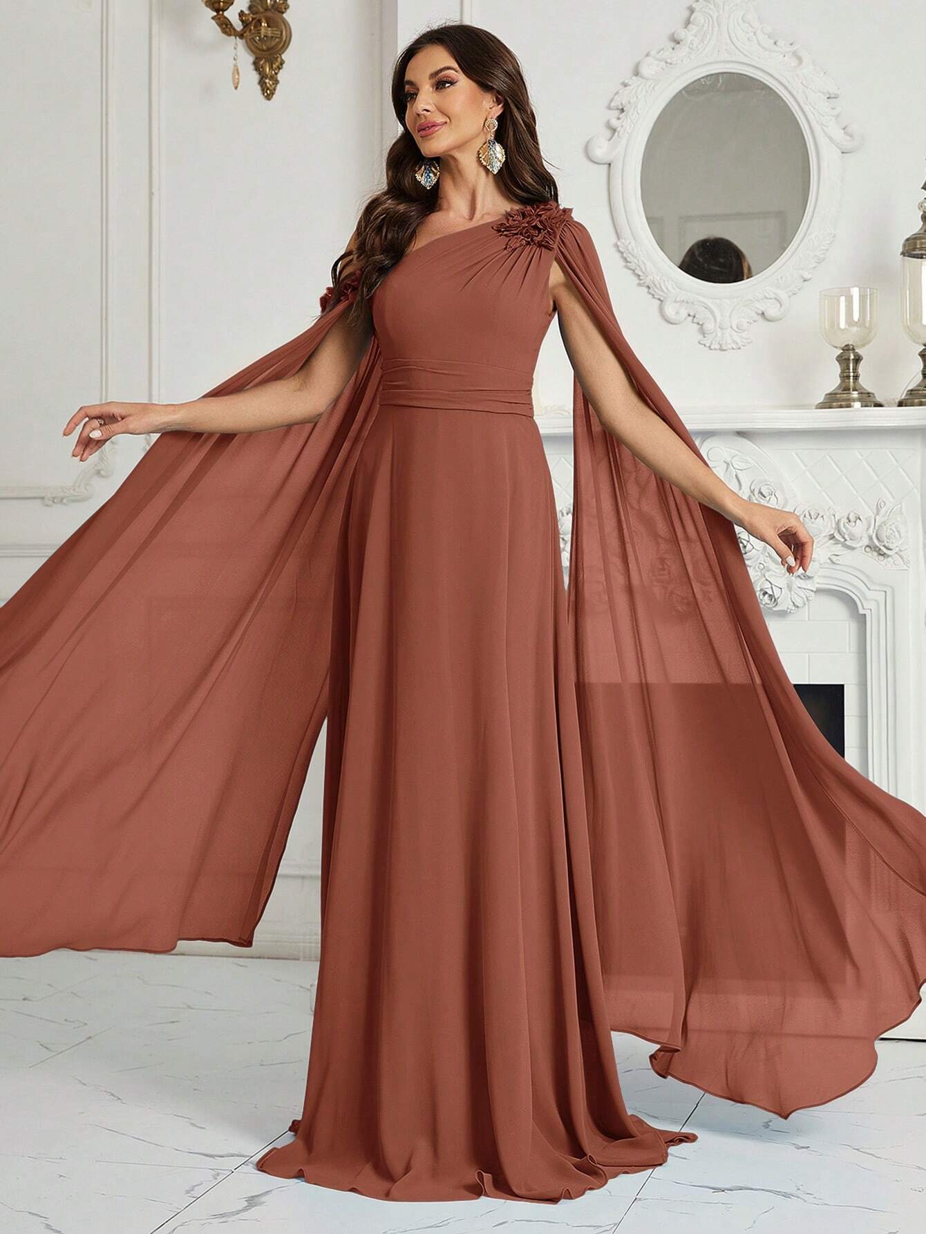 Belle 3D Flower, Chiffon, Asymmetrical Neck Bridesmaid Dress With Graceful Sleeves