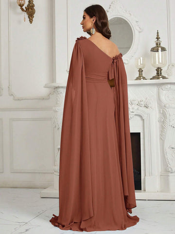 Belle 3D Flower, Chiffon, Asymmetrical Neck Bridesmaid Dress With Graceful Sleeves