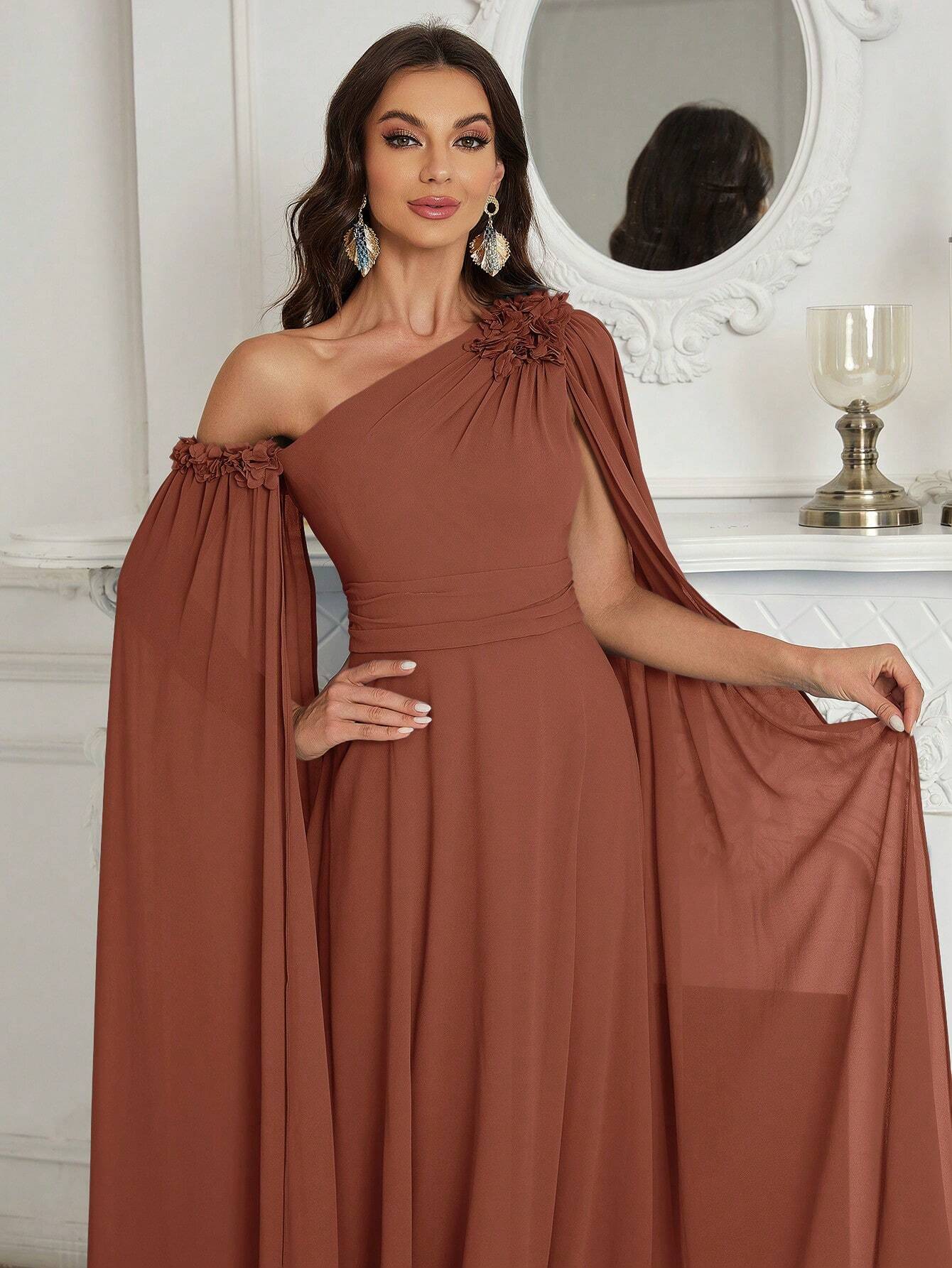 Belle 3D Flower, Chiffon, Asymmetrical Neck Bridesmaid Dress With Graceful Sleeves
