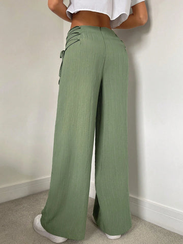 Essnce Women's Solid Color Wide Leg Woven Pants With Waist Tie