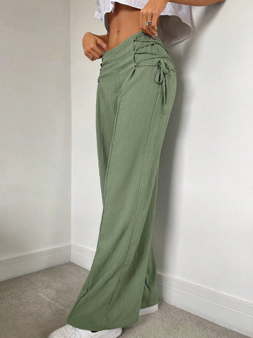 Essnce Women's Solid Color Wide Leg Woven Pants With Waist Tie