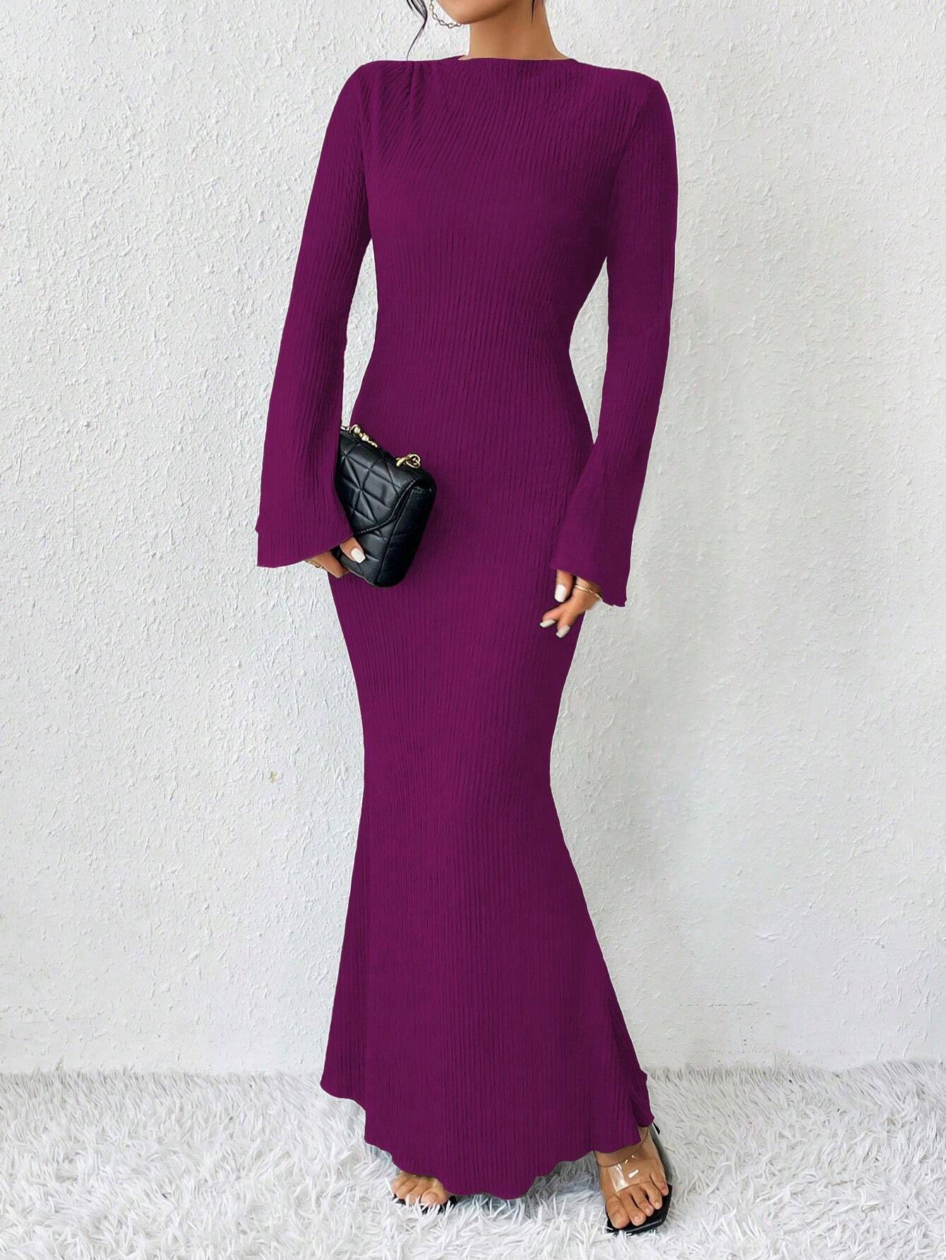 Raffinéa Solid Color Trumpet Sleeve Mermaid Dress