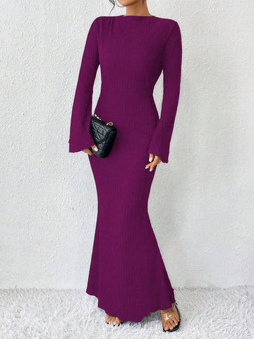 Raffinéa Solid Color Trumpet Sleeve Mermaid Dress