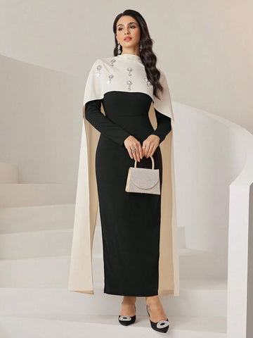 Modely Women's Rhinestone Decor Splice Sash Elegant Fitted Dress