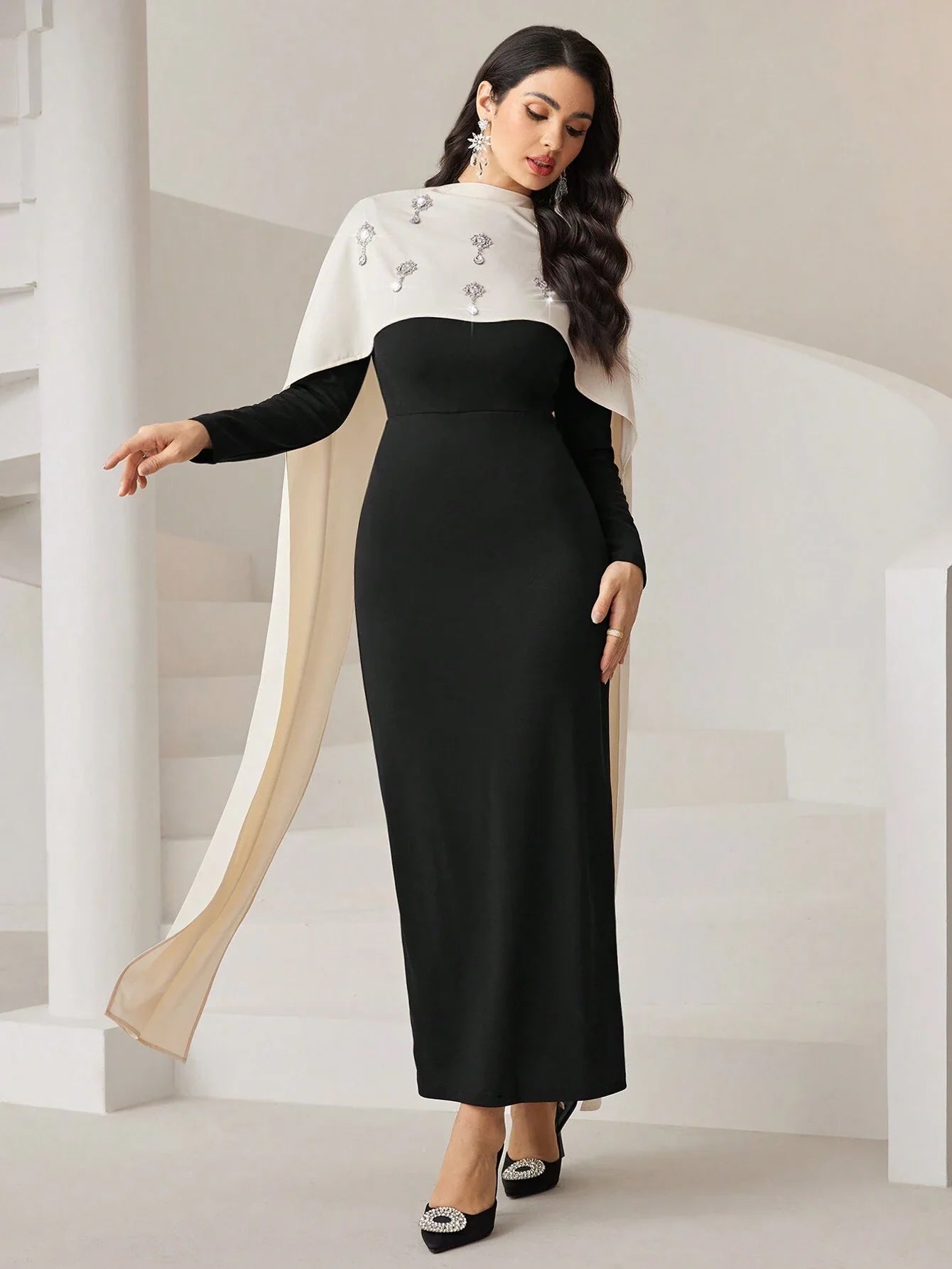 Modely Women's Rhinestone Decor Splice Sash Elegant Fitted Dress