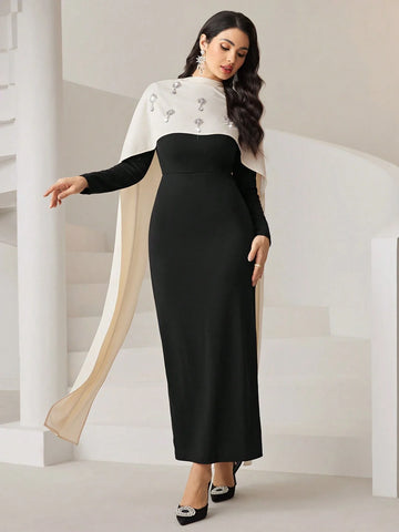 Modely Women's Rhinestone Decor Splice Sash Elegant Fitted Dress