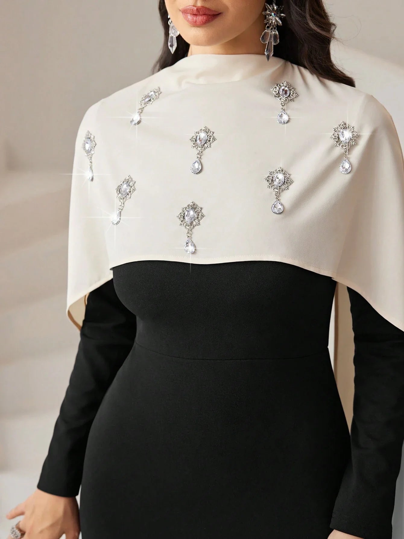 Modely Women's Rhinestone Decor Splice Sash Elegant Fitted Dress