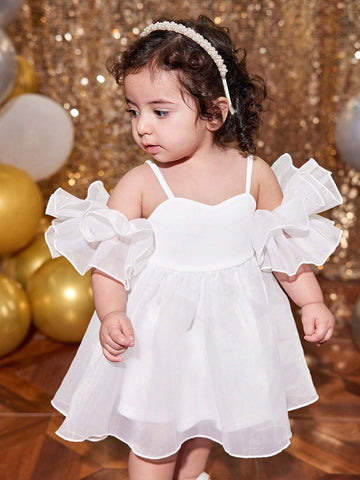 Baby Girl Cute Beige Knit Patchwork Organza Ruffle Strap Dress
