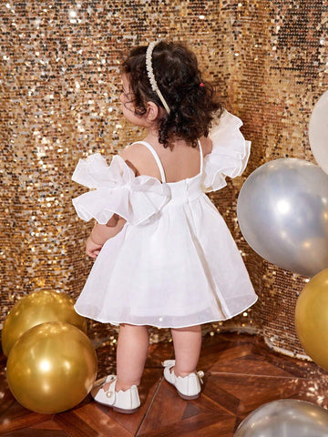 Baby Girl Cute Beige Knit Patchwork Organza Ruffle Strap Dress