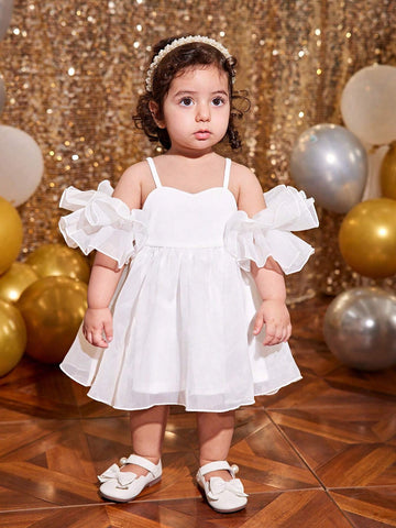 Baby Girl Cute Beige Knit Patchwork Organza Ruffle Strap Dress