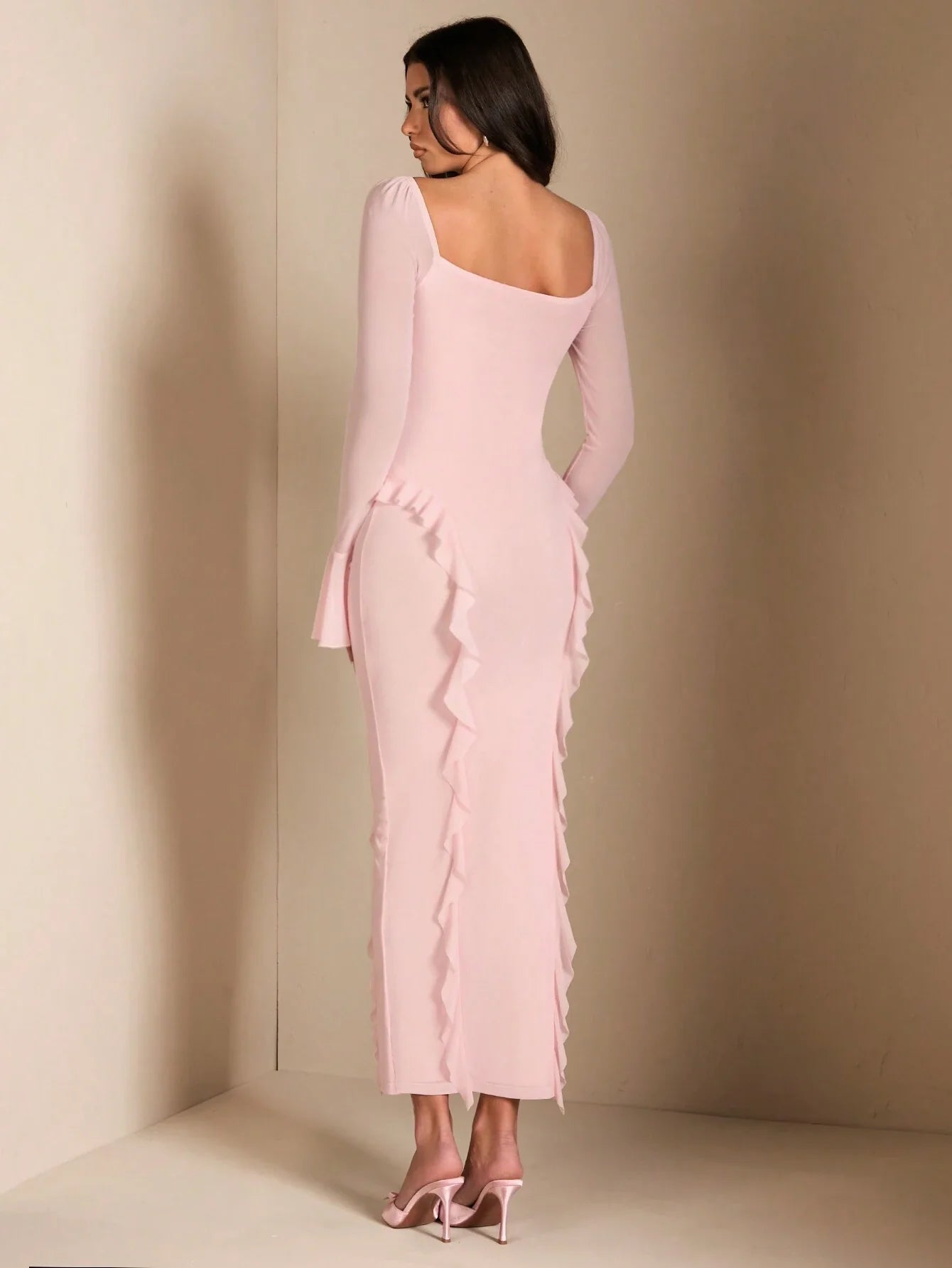 BAE Sweet Pink Extra Long Dress With 3D Floral Decor