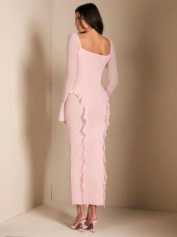 BAE Sweet Pink Extra Long Dress With 3D Floral Decor