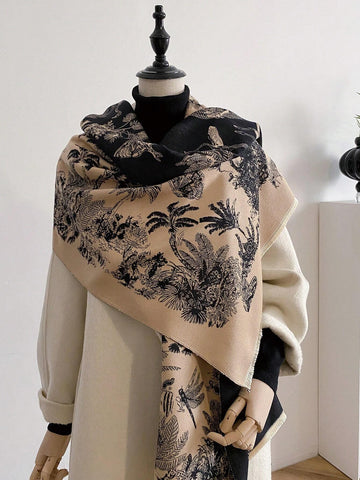 1pc Women's Double Sided Faux Cashmere Plant Jacquard Warm Scarf Shawl