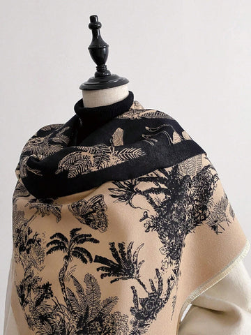 1pc Women's Double Sided Faux Cashmere Plant Jacquard Warm Scarf Shawl