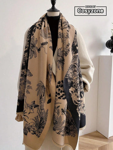 1pc Women's Double Sided Faux Cashmere Plant Jacquard Warm Scarf Shawl