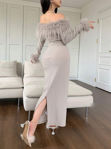 Modely Women's Solid Color Off-Shoulder Fluffy Splice Elegant Long Sleeve Dress