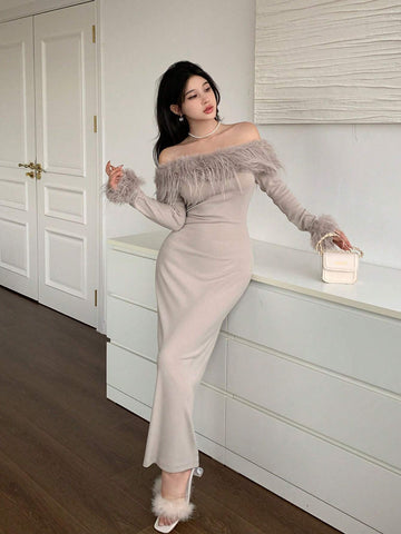 Modely Women's Solid Color Off-Shoulder Fluffy Splice Elegant Long Sleeve Dress