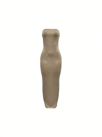 Women's Solid Color Rhinestone Decorated Sleeveless Long Dress