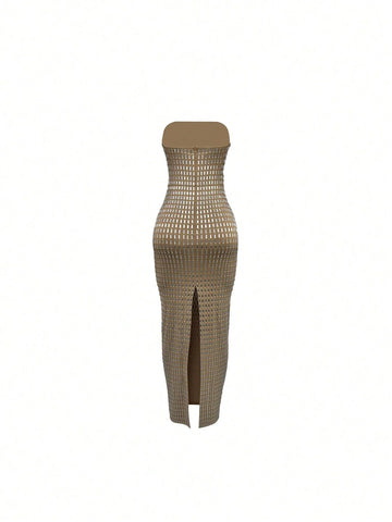 Women's Solid Color Rhinestone Decorated Sleeveless Long Dress