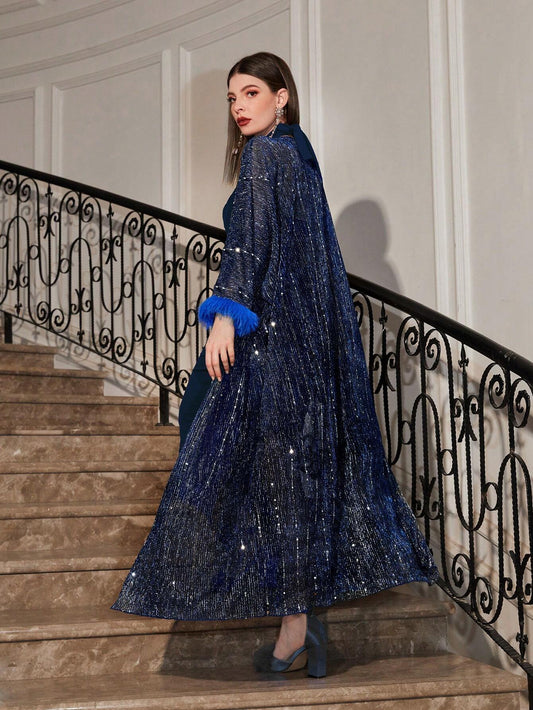 Modely Women 2pcs Set: Fluffy Trim Sleeve Sequin Dress  Solid Color Criss-Cross Sleeveless Dress