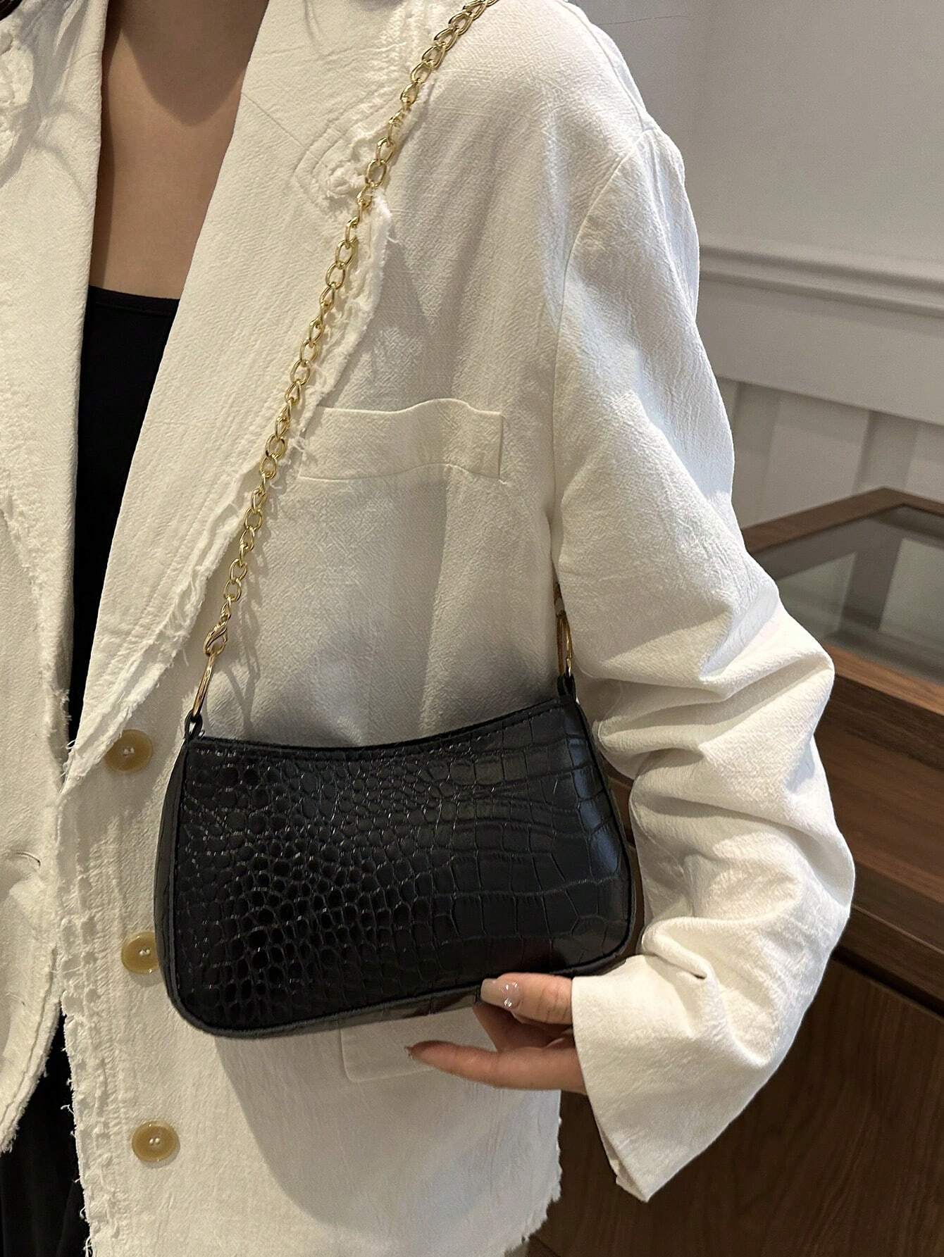 Crocodile Embossed Chain Bag