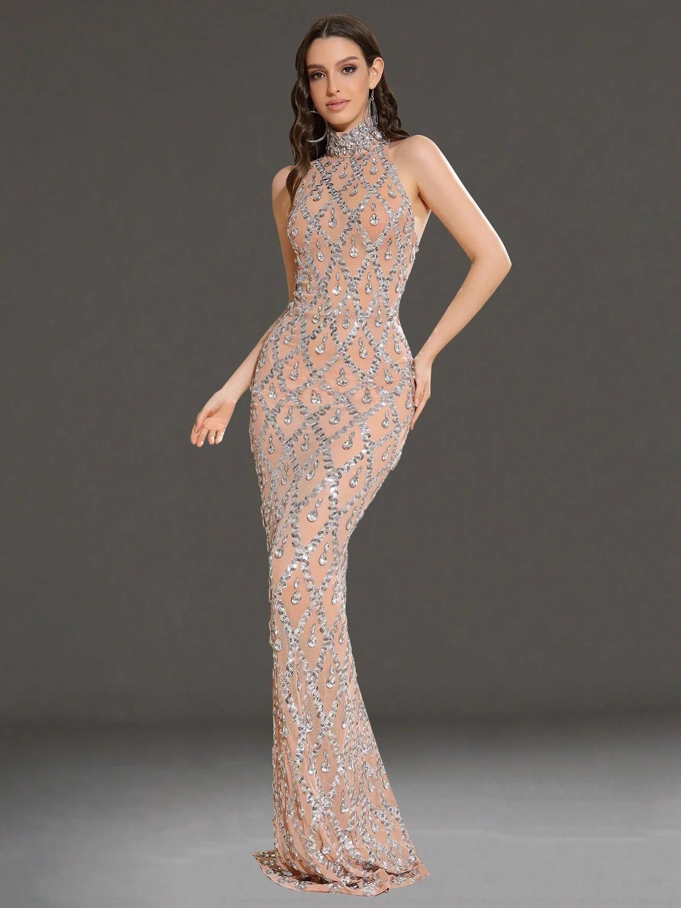 Modphy Luxurious Shiny Crystal Diamond High Neck Sheer Mesh Bodycon Dress