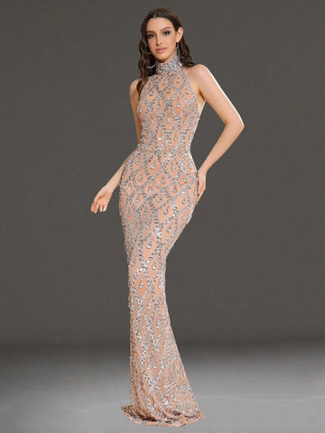 Modphy Luxurious Shiny Crystal Diamond High Neck Sheer Mesh Bodycon Dress