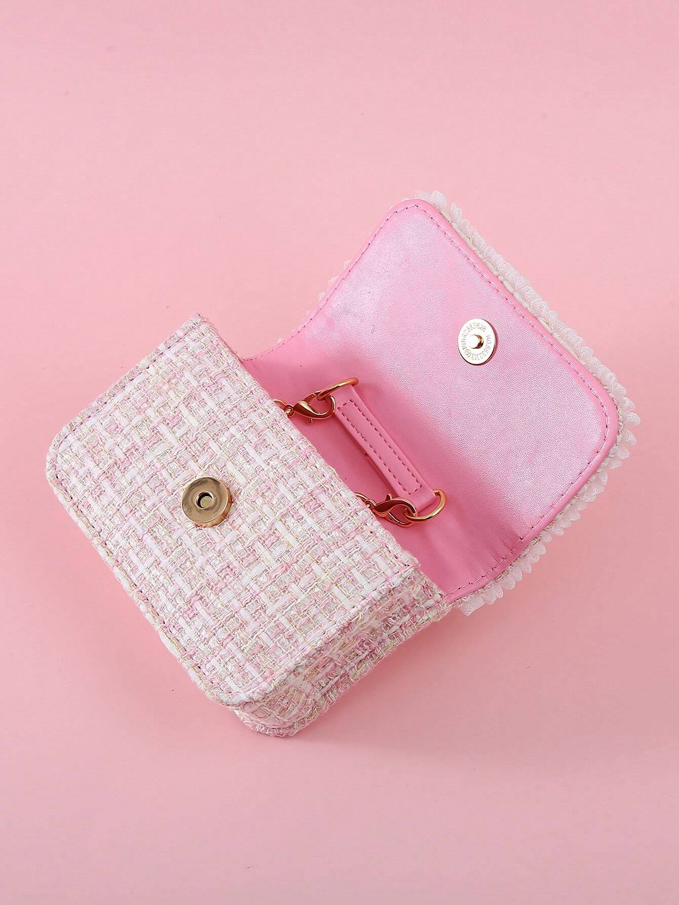 1pc Mini Girls' Cloth Shoulder Bag With Bowknot, Pearl Beads, Lace Edge And Metal Chain