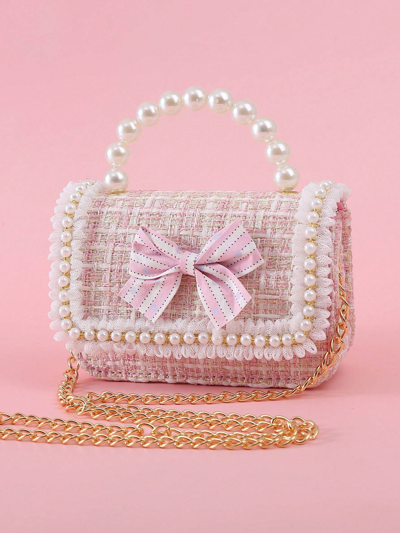 1pc Mini Girls' Cloth Shoulder Bag With Bowknot, Pearl Beads, Lace Edge And Metal Chain