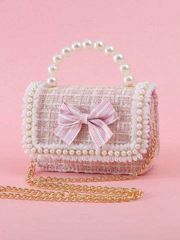1pc Mini Girls' Cloth Shoulder Bag With Bowknot, Pearl Beads, Lace Edge And Metal Chain