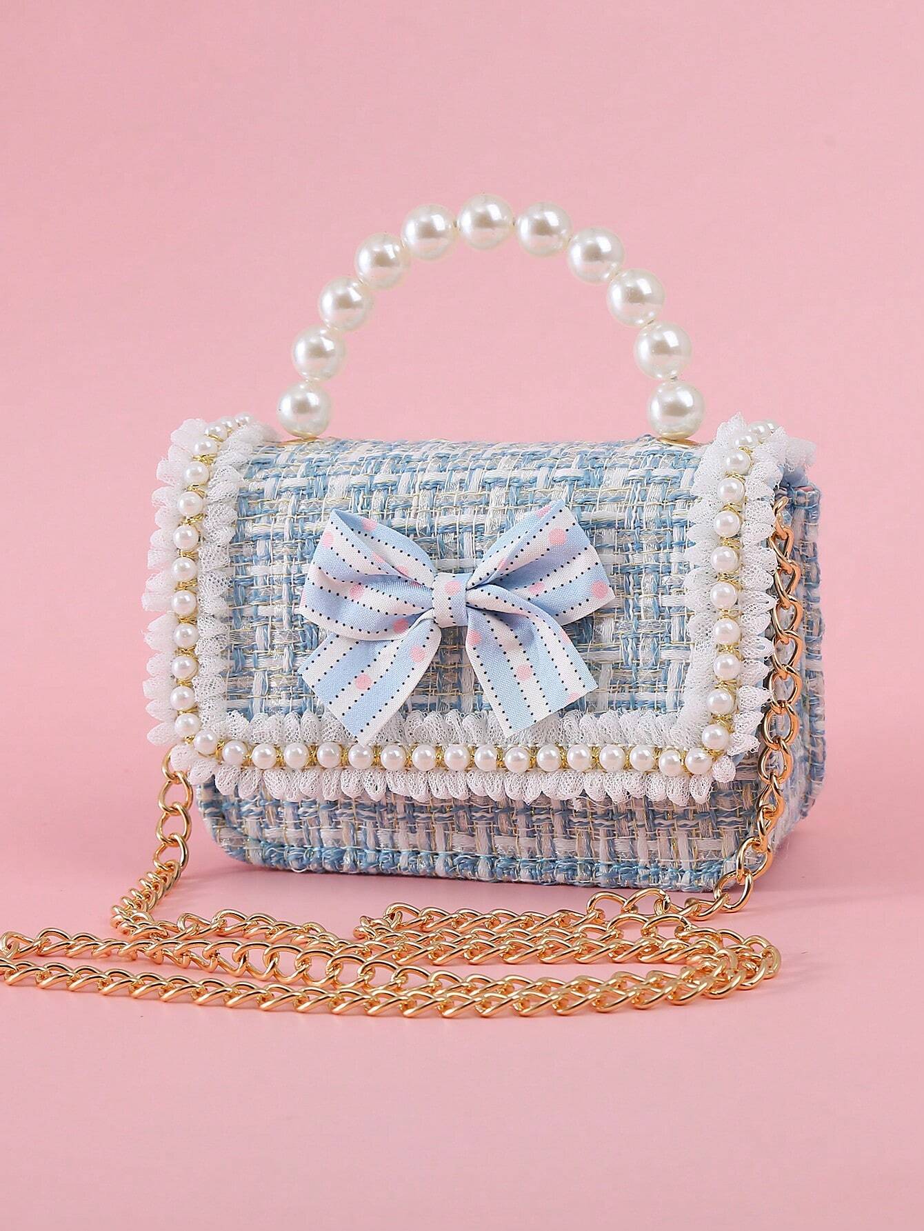 1pc Mini Girls' Cloth Shoulder Bag With Bowknot, Pearl Beads, Lace Edge And Metal Chain