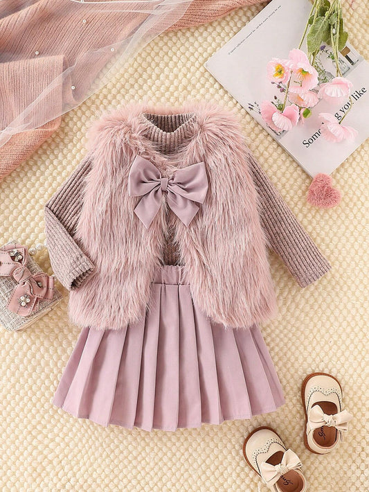 3pcs/Set Baby Girls' Warm Furry Vest, Comfy Top And Pleated Skirt Outfit