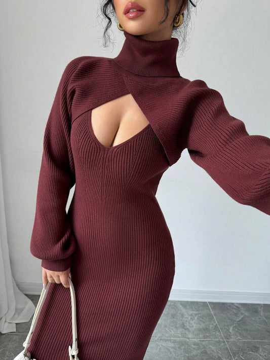 Raffinéa V-Neck Sleeveless Sweater Dress + High Neck Cropped Lantern Sleeve Pullover Sweater Set