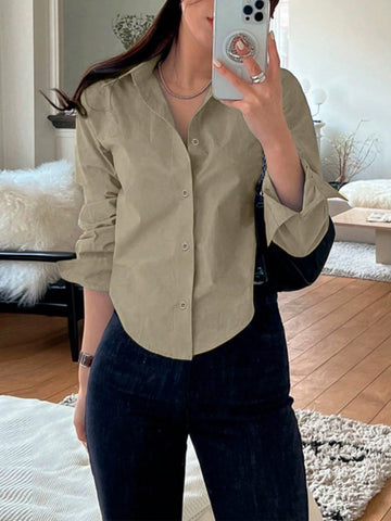 Women's Casual Solid Curved Hem Button Down Shirt