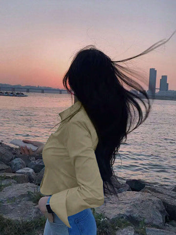Women's Casual Solid Curved Hem Button Down Shirt