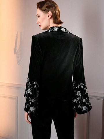 The Great Gatsby x MOTF EMBROIDERED FLORAL PATTERN BELL SLEEVE BLAZER