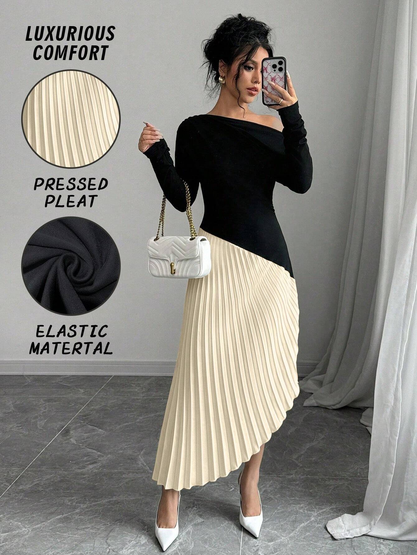 Priv� Elegant Asymmetrical Shoulder Ruffle Long Sleeve Midi Dress