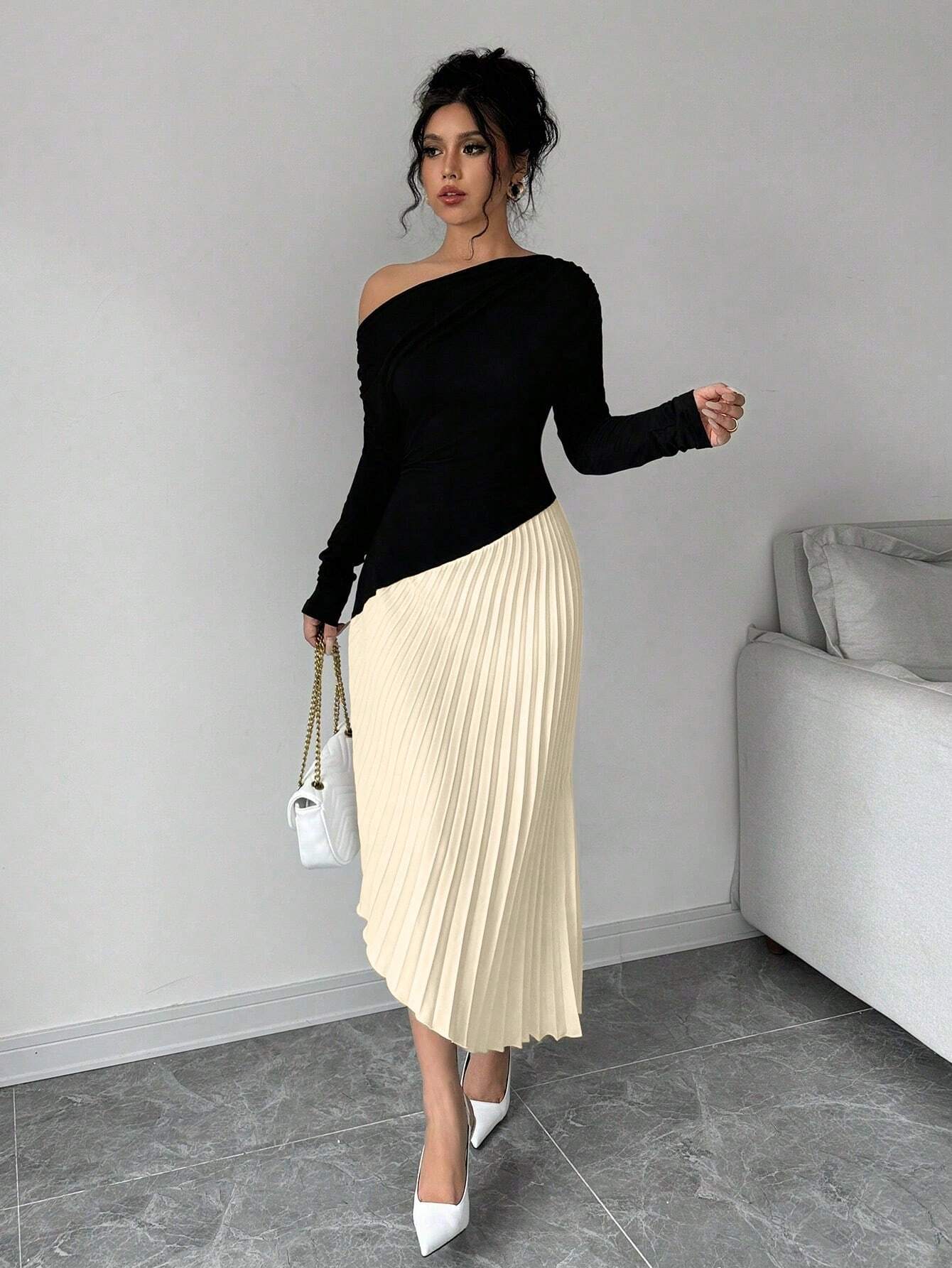 Priv� Elegant Asymmetrical Shoulder Ruffle Long Sleeve Midi Dress