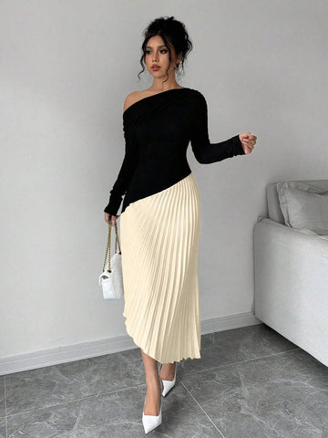 Privé Elegant Asymmetrical Shoulder Ruffle Long Sleeve Midi Dress