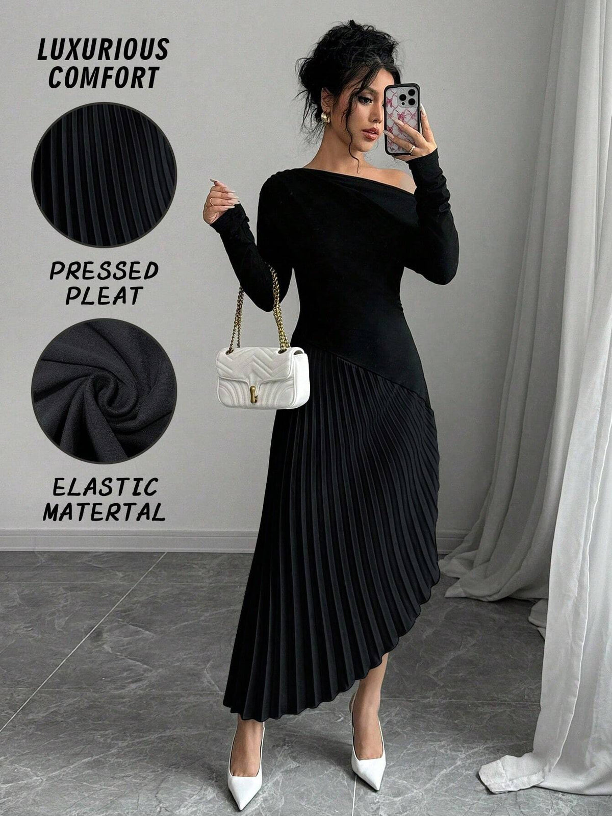 Privé Elegant Asymmetrical Shoulder Ruffle Long Sleeve Midi Dress